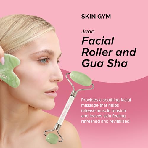 Skin Gym Jade Facial Roller & Gua Sha Tool Workout Set, Revitalizing Skincare for Enhanced Glow & Smooth Skin