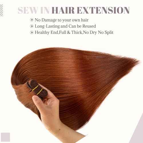 Cooper Weft Hair Extensions Human Hair Light Aubrun Brown Sew in Extension for Short Hairs Double Weft Copper Real Bundles for Women Sew in Thick Red for Adding Hairs 18 Inch 100g