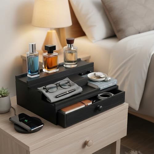 Cologne Organizer for Men,Solid Wood Cologne Stand with Drawer and Hidden Compartments, Cologne Shelf,Dresser Organizers,Organizador de Perfumes,Perfume Stand Organizer for Bedroom,Black