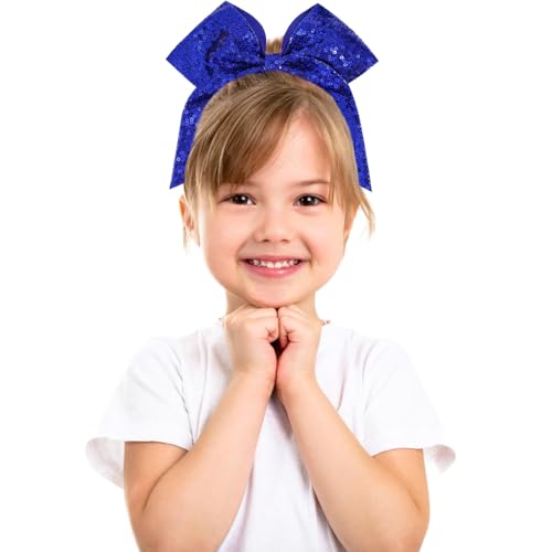 1 Pcs 8" Large Sequin Cheer Bows Clips, Cheerleading Glitter Hair Bow with Alligator Clips Hair Accessories for Cheerleaders Football Competition Sports (Blue)