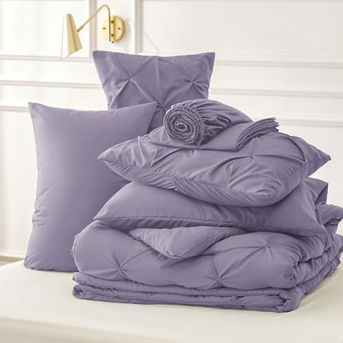 Bedsure Twin Comforter Set with Sheets - 5 Pieces Twin Bedding Sets, Pinch Pleat Grayish Purple Twin Bed in a Bag with Comforter, Sheets, Pillowcase & Sham