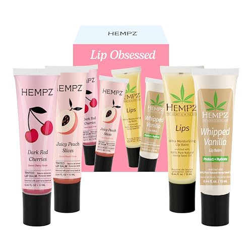 Hempz New Lip Balm Gift Set, Juicy Peach, Dark Red Cherries, Original and Whipped Vanilla, 4 Pack Set
