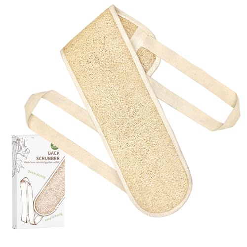 Natural Egyptian Loofah Back Scrubber for Shower,Extra Rough,Deep Exfoliating,Rich Foam,Quick Drying Dual-Handle Strap Exfoliator for Men and Women