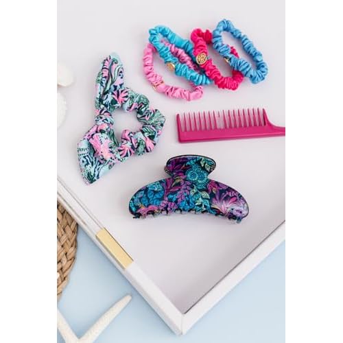 Lilly Pulitzer Blue/Pink/Green Women's Hair Tie Scrunchie with Bow Detail, Bringing Mermaid Back
