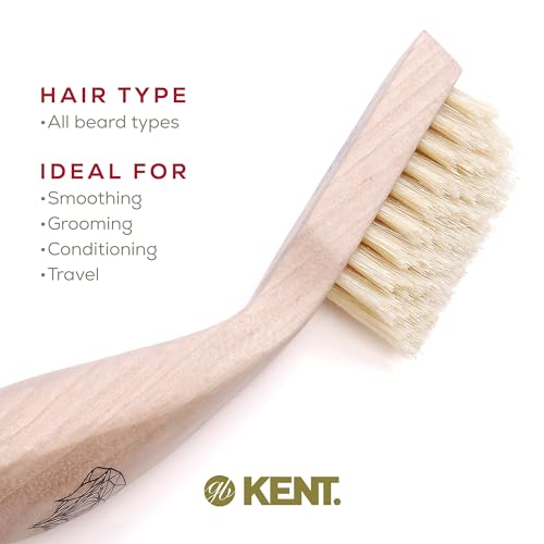 Kent BRD2 Boar Bristle Beard Brush for Men - Specially Cut Natural White Boar Bristle for Flawless Shaping and Grooming, Ergonomic Pistol-Like Grip Wood Handle, Dry or Wet Beard, Distributes Oils