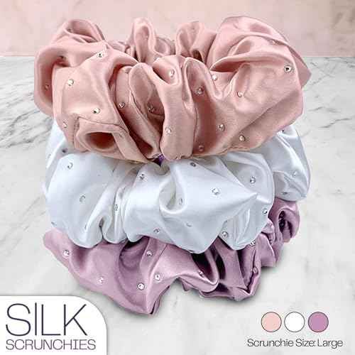 Celestial Silk Mulberry Silk Scrunchies for Hair (Lavender, White, Pink with Rhinestones)