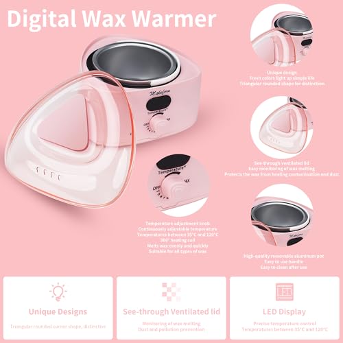 Brazilian Waxing Kit - Bikini & Full Body Hair Removal with Digital Warmer, 4 Scented Wax Beads & 27 Silicone Tools - Home Waxing for Women & Men, Face & Body Care (Pink)