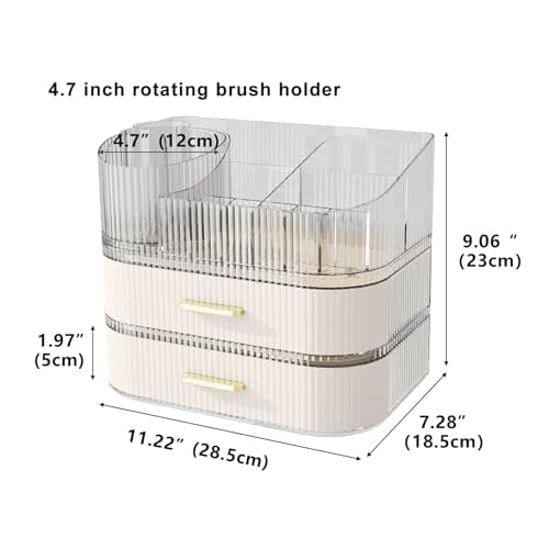 Makeup Organizer with Stackable Drawer, 360 Rotating Makeup Brush Holder, 11-inch Wide Large Cosmetic Display Case, Skincare Organizers and Storage for Vanity, Bathroom Countertop (1 Tray + 2 Drawer)