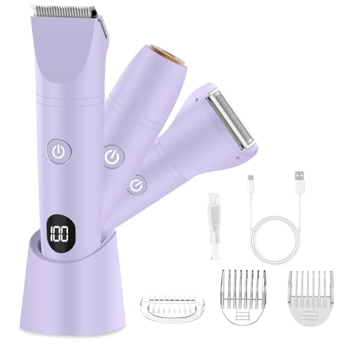 Bikini Trimmer for Women, Electric Razor for Pubic Hair 3-in-1, Bikini Shaver for Legs Body Hair, Womens Electric Razor IPX6 Waterproof, Gifts for Women,Purple