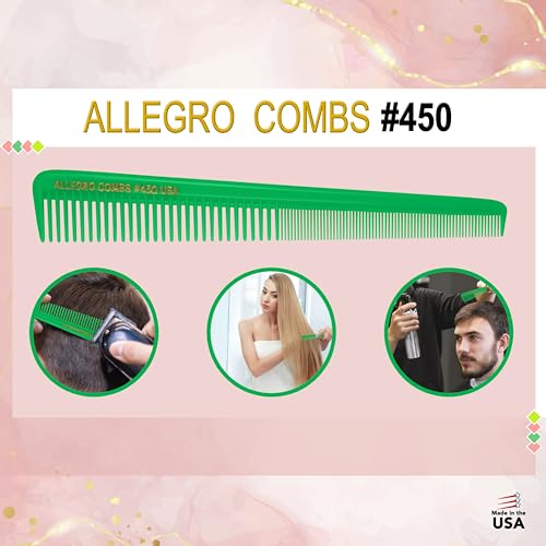 Allegro Combs #450 Tapered Hair Cutting Combs Barber Hairstylist Women's Beard Combs Men's Pocket Combs 3 Units. (Neon Green)