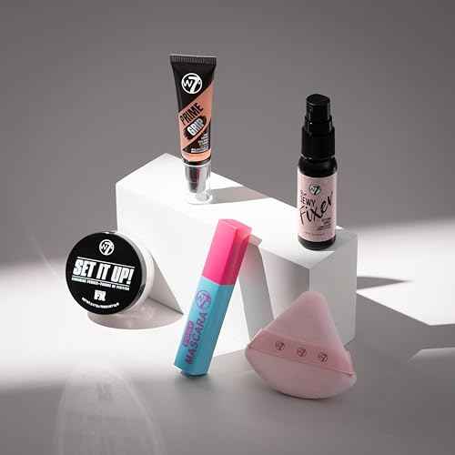 W7 On the Go Cuties Gift Set - Mini Makeup Essentials with Primer, Mascara, Setting Spray, Loose Powder & Powder Puff - Travel Size Beauty Favourites - Stocking Stuffer