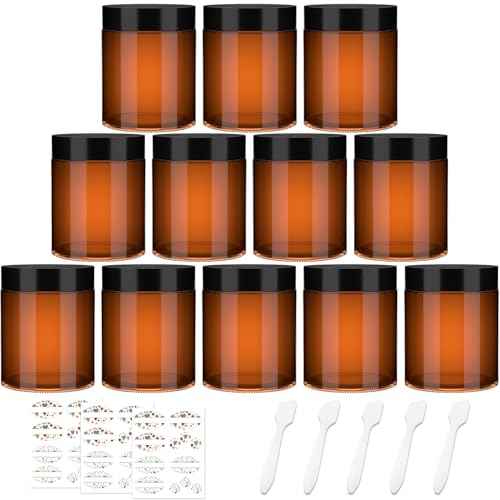 12 Pack 8 oz Amber Round Glass Jars, 240 g Empty Cosmetic Containers with Inner Liners, Black Plastics Lids Glass Jars with Lables for Cosmetics, Face Cream, Lotion, Ointments and DIY Candle
