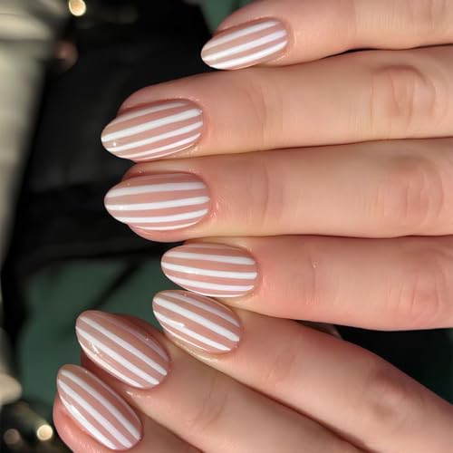Short Almond Press-On Nails – Pink & White Stripe Artificial Nails Theme