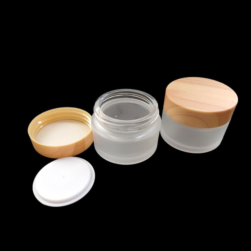 1 Oz Frosted Glass Cosmetic Containers with Wood Grain Lids, 30ml Travel Empty Makeup Jar Pot Box, Refillable Sample Jars for Lotion Face Cream Lip Balm Eyeshadow Storage (30 Grams, 6 Pack)