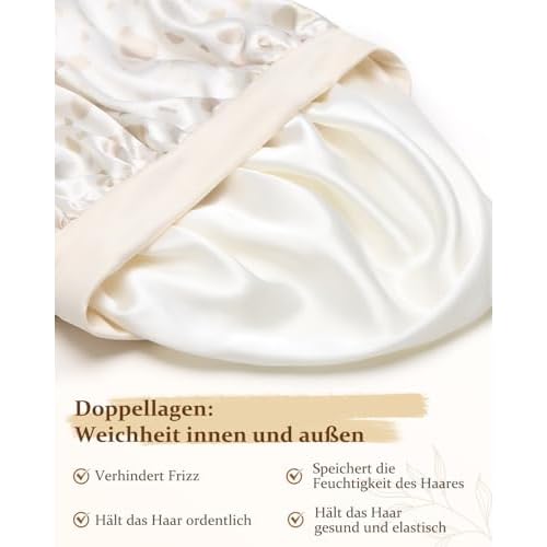 mikimini Satin Bonnet for Sleeping, Adjustable Silk Bonnets for Women, Soft Large Hair Bonnet for Curly Hair Long Hair and Braid with Elegant Creamy Dots Design