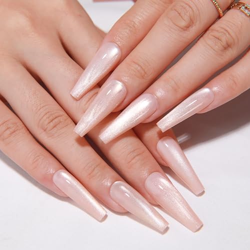 KKUUOO White Cat Eye Press on Nails Long Coffin Fake Nails Handmade False Nails with Glitter Design Full Cover Glossy Acrylic Nails Stick on Nails Jelly Press on Nails for Women Fall Winter Manicure