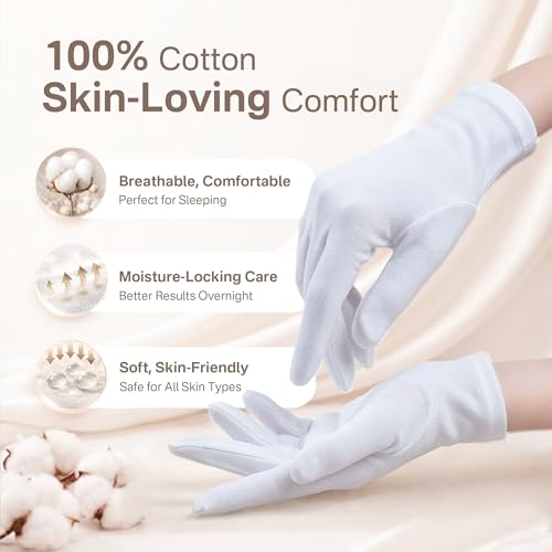 White Cotton Moisturizing Gloves for Dry Hands Sleeping (4 Pairs, Large)