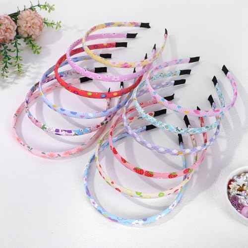 Fishdown Headbands for Girls 12Pcs Thin Head Bands for Kids Children Hairbands for Toddler Floral Cloth Fabric Covered Headband Birthday Party Favors