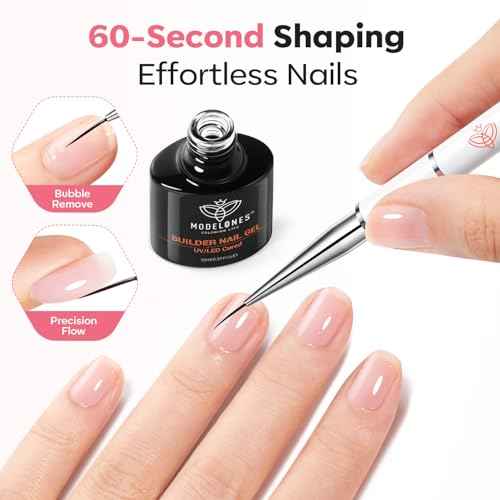 modelones Base Coat Builder Nail Gel, Clear Builder Nail Polish 7-in-One with Detachable Liner Nail Brush LED Lamp Cured Strengthener Color Rubber Base Coat for Apex Building Extension Thickening 10ml