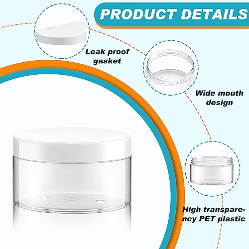 Dandat 72 Pcs 8 oz Plastic Jar Container with Lid and Label Refillable Empty Round White PET Cosmetic Sample Slime Containers for Lotion, Cream, Ointments, Body Butter, Makeup, Travel Storage