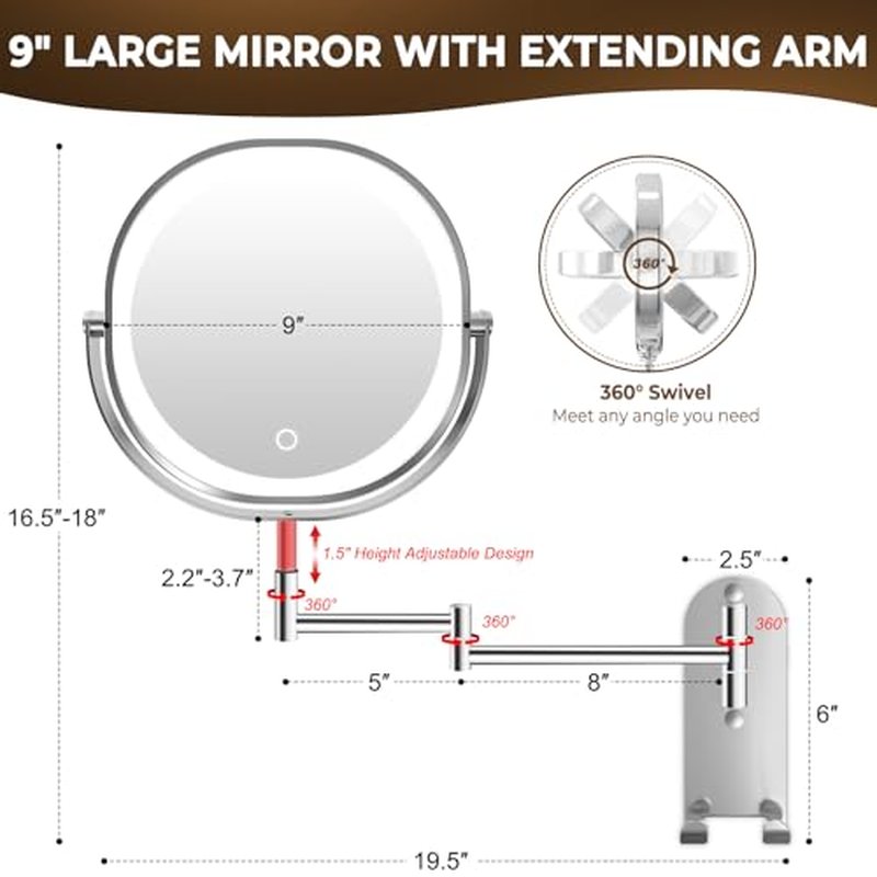 9" Wall Mounted Lighted Makeup Mirror, 3000mAh Rechargeable Double Sided 1X/10X Magnifying Mirror with Hook, 3 Color Lights Dimmable 360¡Æ Rotation Vanity Mirror for Bathroom