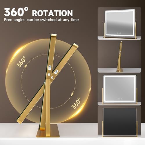 Hasipu Vanity Mirror with Lights 24" x18¡± -Makeup Mirror with Lights and 5X Magnification, Phone Holder, USB Charging & Smart Touch 3-Color Lighting (Gold)