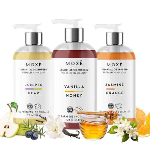 MOX? Natural Hand Wash Aromatic Scented 3-Pack ? Jasmine Orange, Vanilla Honey & Juniper Pear ? Plant-Based, Organic Oils, Essential Oils ? Gentle, Biodegradable, Vegan, Sulfate-Free, 3 x 12 oz