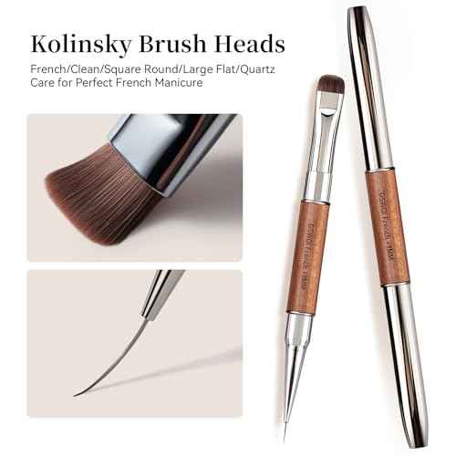 Dual Head Acrylic Nail Brush-French Tip & 9mm Liner with Cleaning Brush for Builder Gel,Polygel & Design-Wood Handle & Metal Caps