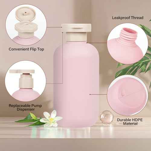 6.8oz Refillable Shampoo and Conditioner Bottles, 2PCS Squeezable Travel Shampoo Bottles with Flip Cap and 2PCS Pump Dispenser and Labels