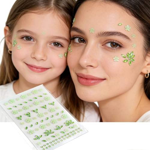 Green Flower Face Gems Stickers - Self-Adhesive Rhinestone Decals
