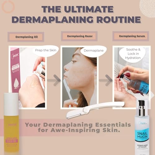 Complete Dermaplaning Skincare Kit ? 9-Pack Precision Razors, Pre-Treatment Face Oil & Hydrating Snail Mucin Serum