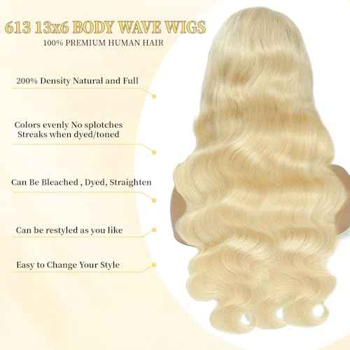 613 13x6 Lace Front Wig Human Hair 30 Inch 100% Real Blonde Wig Human Hair Body Wave HD Lace Front Wigs Human Hair 200 Density Easily Stained No Tangle Minimal Shedding Longer Life