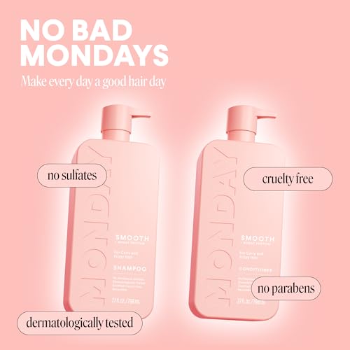 MONDAY HAIRCARE Smooth Shampoo + Conditioner Bathroom Set (2 Count) 27 oz Each For Frizzy, Coarse & Curly Hair Made with Coconut Oil, Shea Butter & Vitamin E 100% Recyclable Bottle Pink