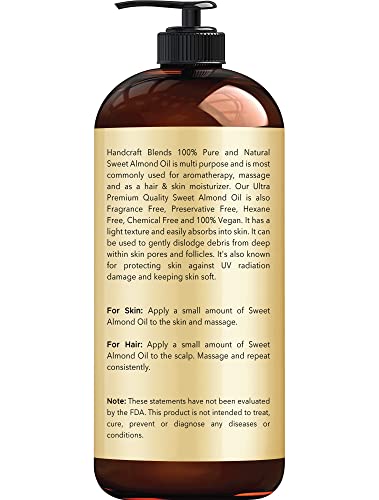 Handcraft Blends Sweet Almond Oil - 100% Pure and Natural - Premium Therapeutic Grade Carrier Oil for Essential Oils - Massage Oil for Aromatherapy - Hair Tonic - Body and Hair Oil - 16 fl. Oz