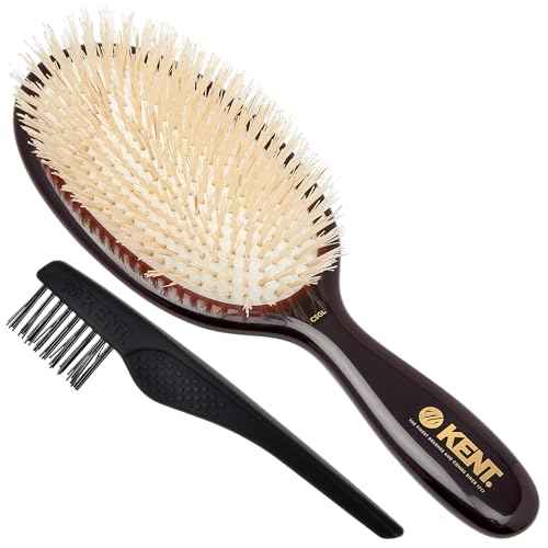 Kent CSGL 9" Large Oval Cushion Straightening Brush and Scalp Brush ? Natural White Boar Bristles Hair Brush for Fine or Thinning Hair ? Large Cushion Shine & Smoothing (+ Hair Brush Cleaner)