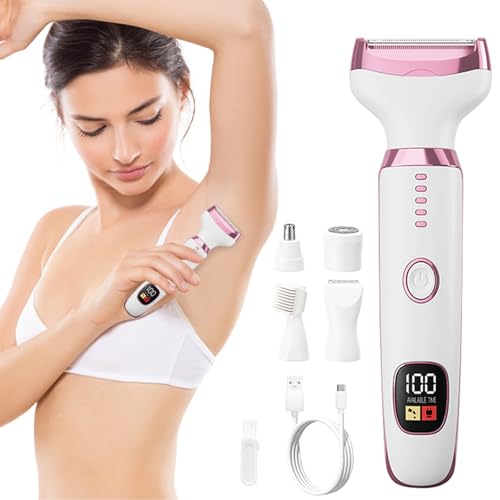 5-in-1 Electric Razor for Women - Bikini Trimmer with LED Display, Painless Hair Removal for Face, Nose, Eyebrows, Arms & Legs - Wet/Dry Rechargeable Shaver for Armpits & Pubic Area