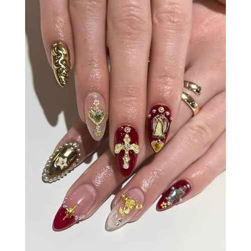 128PCS Gold Nail Charms Set with Rhinestones and Gems, Rose, Hearts, Cross and Virgin Mary - Y2K 3D Shiny Jewelry Nail Decorations Accessories Supplies