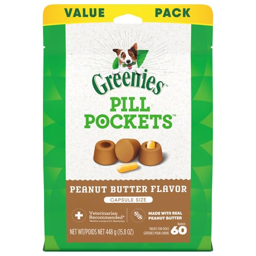 Greenies Pill Pockets for Dogs Capsule Size Natural Soft Dog Treats with Real Peanut Butter, 15.8 oz. Pack (60 Treats)