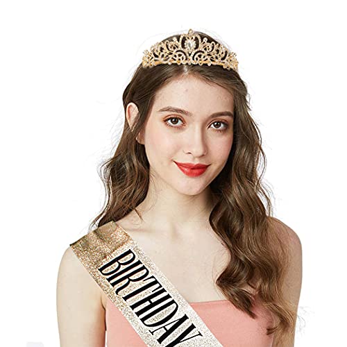 Birthday Queen Gold Sash & Rhinestone Tiara Set