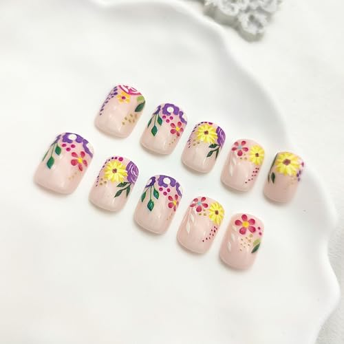 Short Square Press On Nails 24Pc with Flower Dots & French Tip