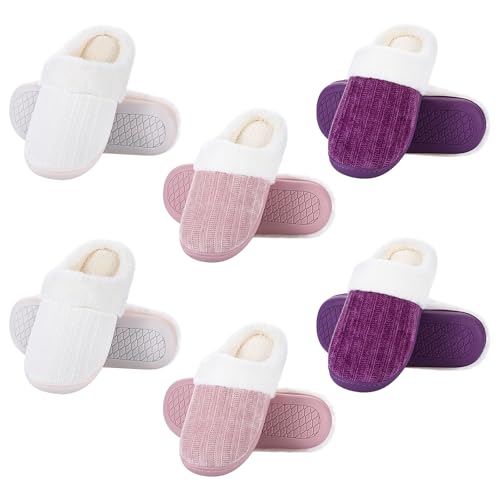 3 Pairs 6 Pairs Warm Fuzzy House Slippers for Women Size 7-8 8-9 with Thick Anti-slip Soles Winter Fluffy Indoor Outdoor Knit Plush Soft Slipper Shoes Pink Purple White