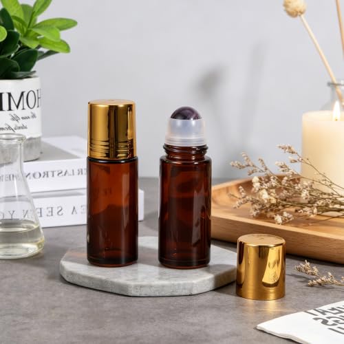 2 Pack 1.7oz Amber Glass Roller Bottles with Purple Crystal Balls
