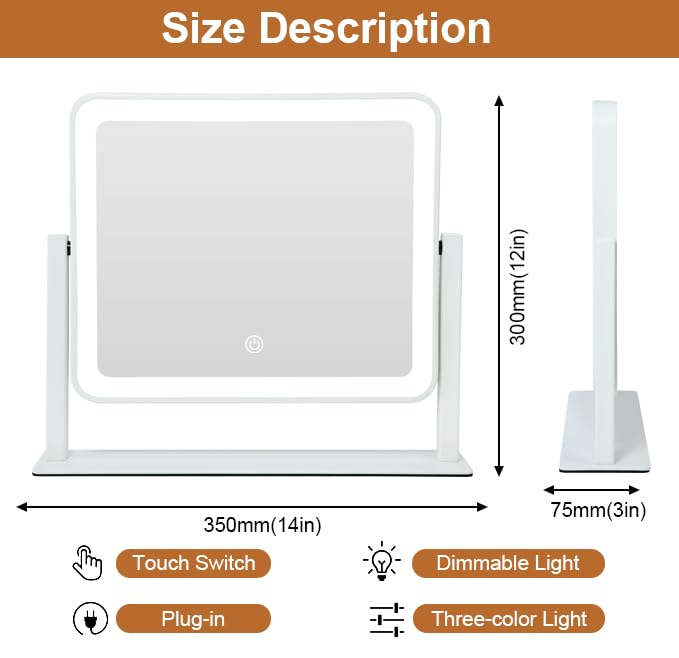 LED Makeup Mirror 10x12 with Smart Touch Control & 3 Color Lights