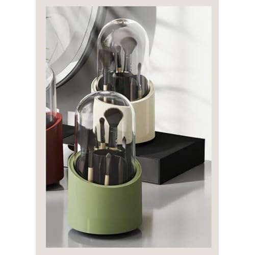 Fantasee 360¡Æ Rotating Makeup Brush Organizer, 7-Compartment Storage with Transparent Dustproof Cover, Cosmetic Tools Storage Holder for Bathroom Vanity Countertop (Fresh Green, Cylindrical)