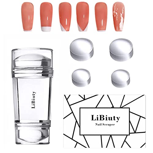 LiBiuty Nail Art Stamper, Dual Head Clear Jelly Nail Polish Transfer Stamper with Extra 4Pcs Silicone Heads & 1 Scraper Nail Stamping Tool