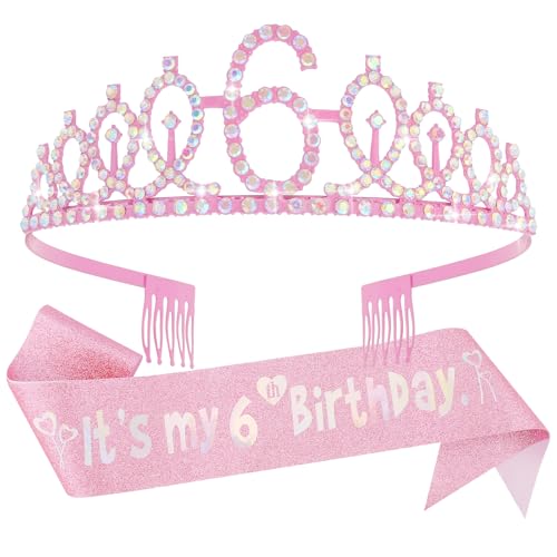 Canitor 6 Years Old Birthday Girl Crown Tiara & Sash Set with Headband Gift