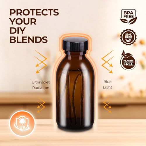 6 Pack 4 oz Amber Glass Bottles with Lids for Extracts & Oils