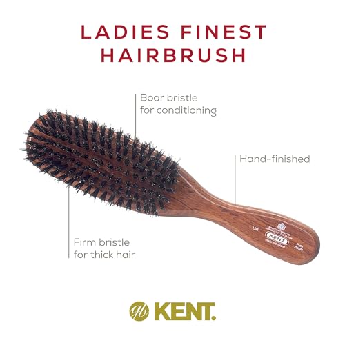 Kent LR6 Finest Dark Wood Styling Hair Brushes for Women - Natural Black Boar Bristle Hairbrush for Medium to Thick Hair of All Lengths - Dry Brush for Styling, Straightening, and Stimulating Oils