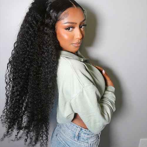 Dianthe 34 Inch 13x6 Deep Wave Lace Front Wigs Human Hair HD Lace frontal Curly Human Hair Wig for Black Women 180% Density Wet and Wavy Glueless Wigs Human hair Pre Plucked with Baby Hair