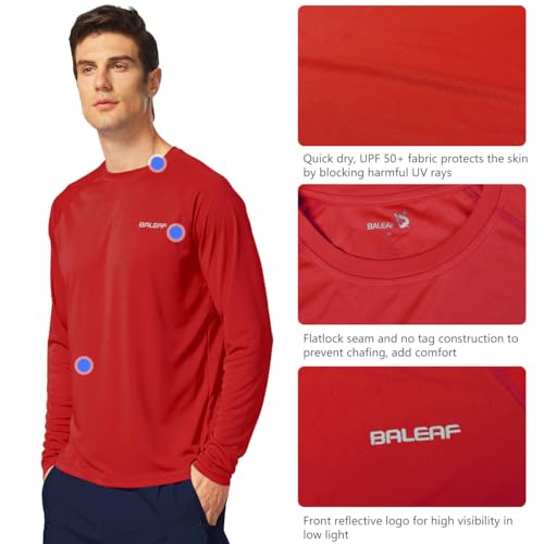 BALEAF Men's Sun Protection Shirts UV SPF T-Shirts UPF 50+ Long Sleeve Rash Guard Fishing Running Quick Dry Tomato Size S